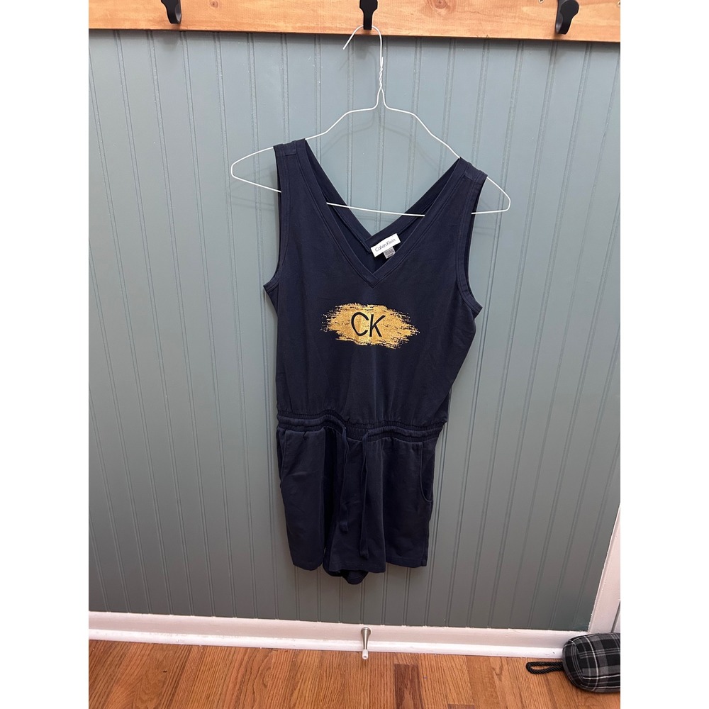 Calvin Klein Womens Navy Blue Gold Logo V-Neck Sleeveless Knit Romper Small